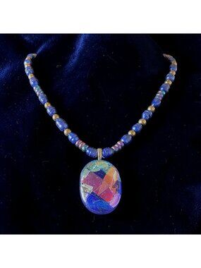 Baroque Freshwater Pearl & Iridescent Art Glass Pendant Necklace Blue/Pink/Gold